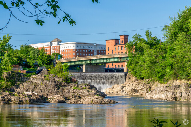 Winooski Falls can be viewed from Salmon Hole and separates Riverside from Downtown Winooski.