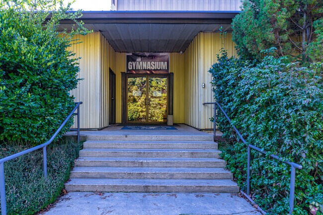 Stairs lead up to Forest Lake Christian School gym.