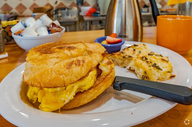 The breakfast sandwich on the homemade croissant is a go-to menu item at Skillets.