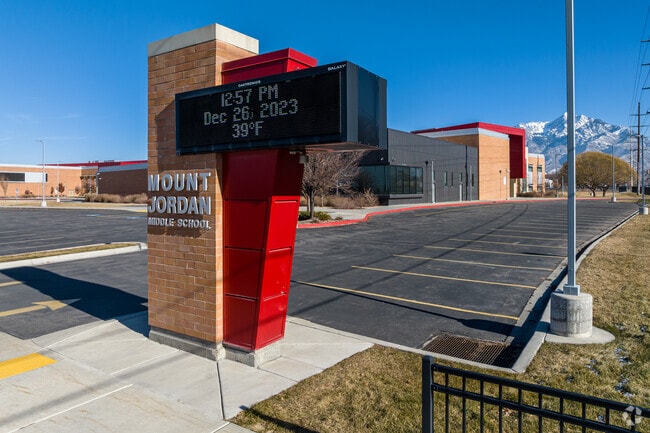 Mount Jordan Middle School’s electronic sign is modern with a red feature.