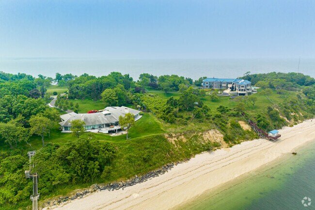 Expansive homes in Old Field overlook the calm waters of the Long Island Sound.