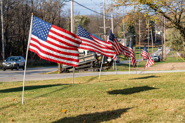 American flags decorate the property outside Pollen Meats in the Canton Outskirts neighborhood.