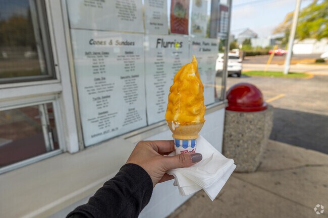 Alice's freshly dipped soft serve vanilla ice cream in a butterscotch topping in Elburn, IL.