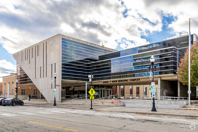 Waukegan's City Hall features modern architecture in the downtown area.