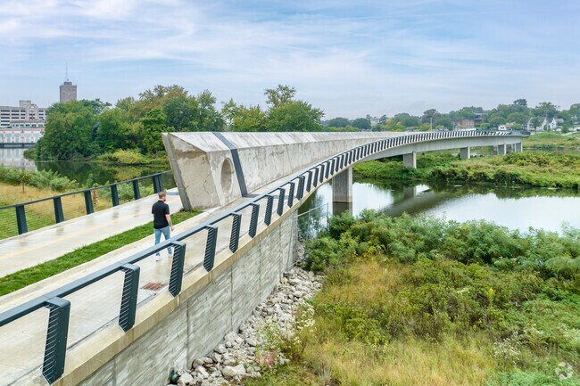 The bike and walk path bridge connecting east and west side of downtown Aurora.