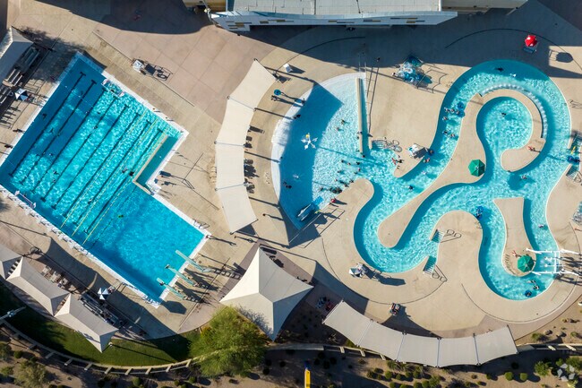 In Reed Park, the Mesa Aquatic Complex has a lap pool, diving pool, and a lazy river.