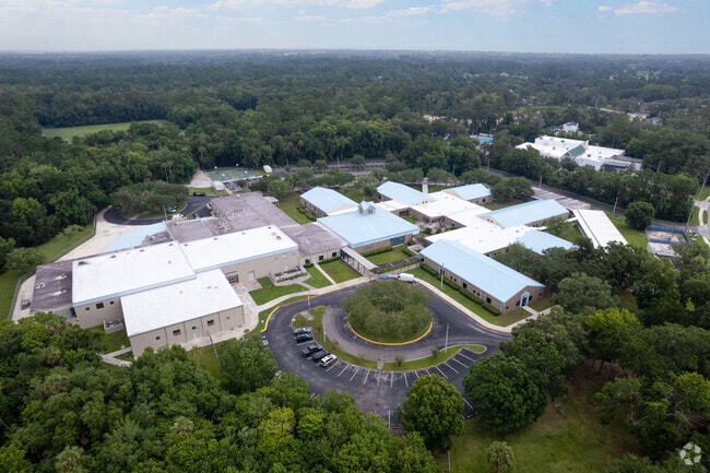 Alice B. Landrum Middle School seen from above in summer.