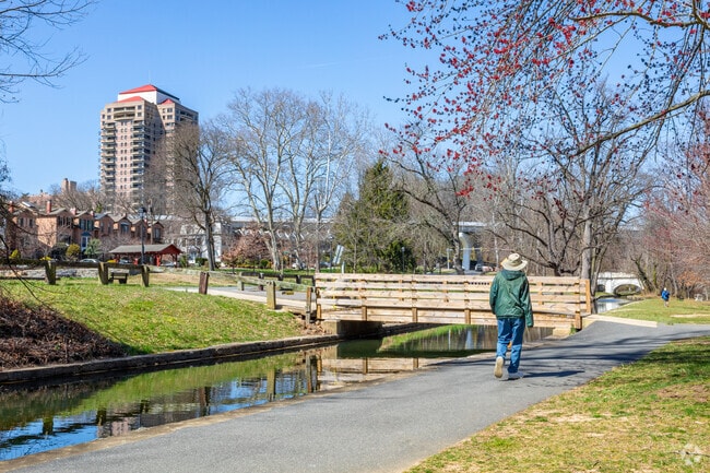 Walking trails at Brandywine Park along the Brandywine River offer a scenic route toward Downtown Wilmington.