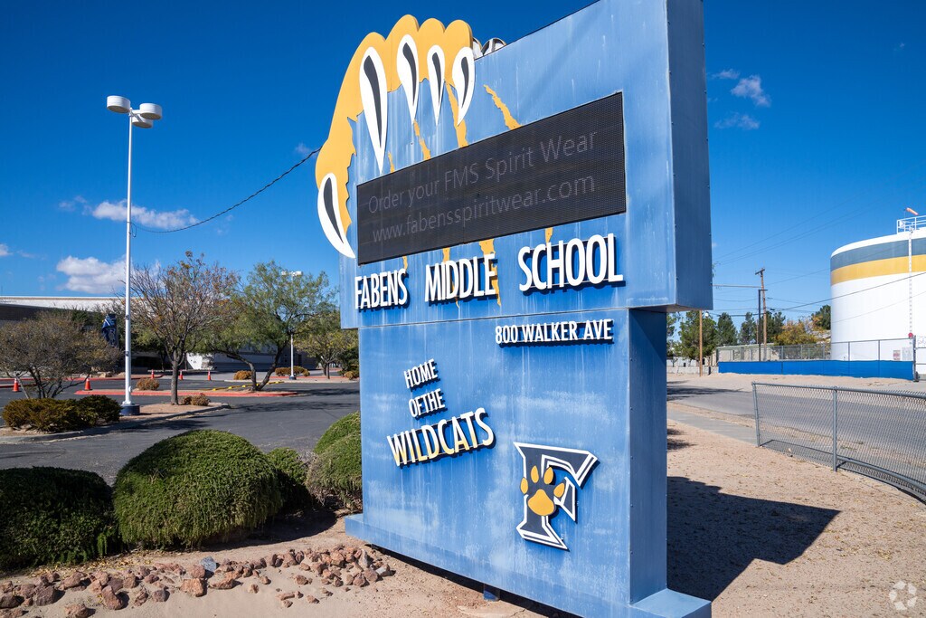 Fabens Middle School sign welcomes students in Fabens, TX.