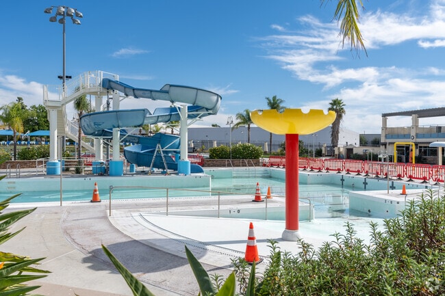 The San Fernando Park swimming pool has a water slide and splash pad.