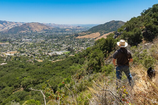 The neighborhood homes of Bishops Knoll can be seen from the trail on Bishop Peak.