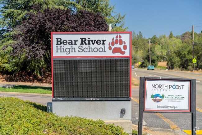 Important information is displayed on the Bear River High School front signage.