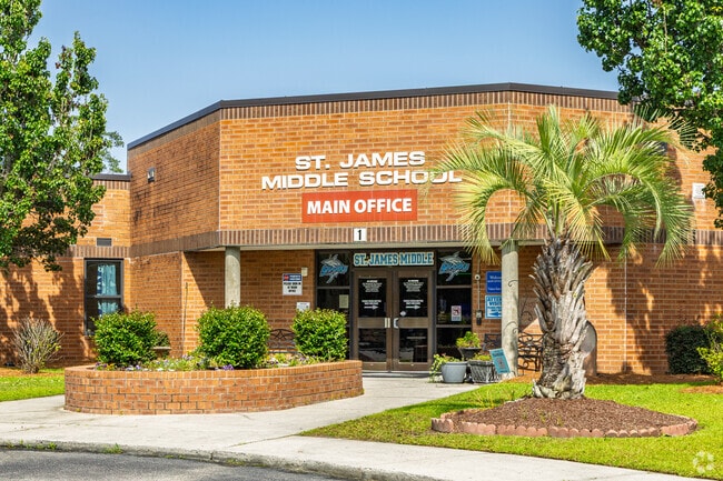 The front of St. James Middle School features landscaping and clear signage for visitors.