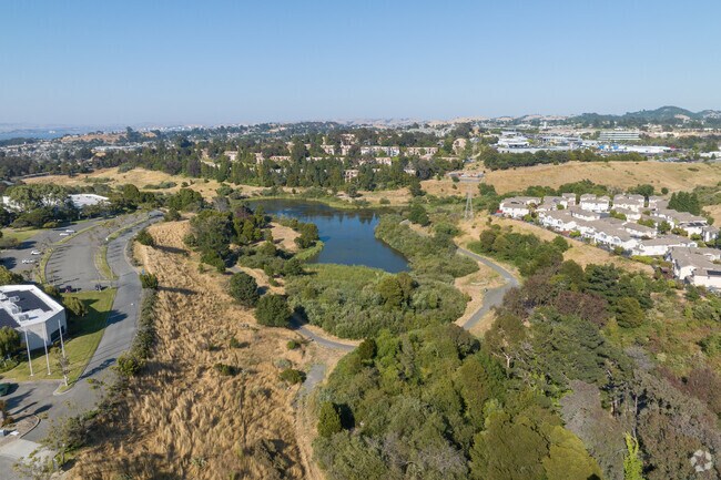 An elevated look at the Hilltop Lake Park in Tara Hills, California.