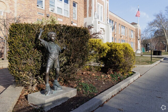 Playful statues greet students at Lindbergh Elementary School in Palisades Park, NJ.