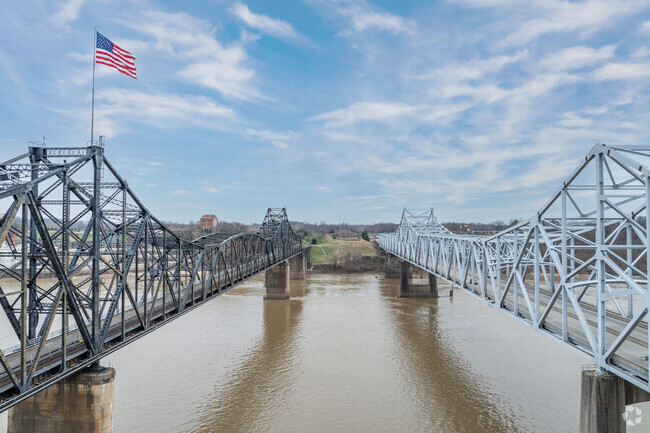 The Mississippi River in Vicksburg, Mississippi, offers commanding views from 300-foot bluffs.