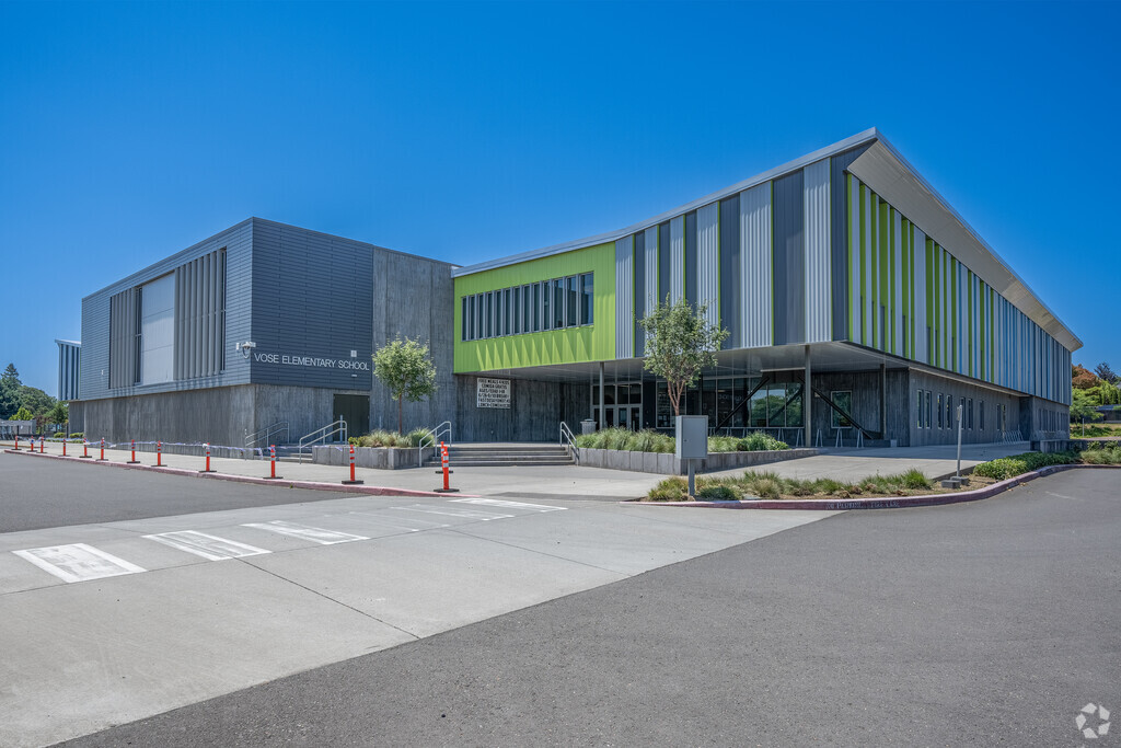 Exterior view of the newly rebuilt Vose Elementary School in the neighborhood of Vose.