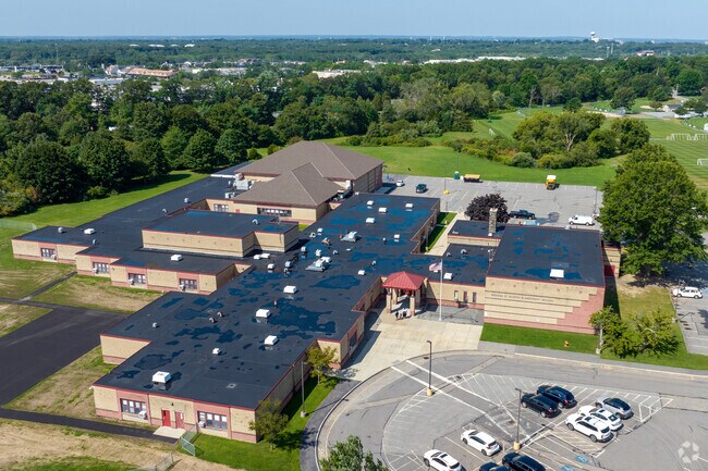 This aerial view shows The George R. Martin Elementary School in Seekonk  and its lush grounds.