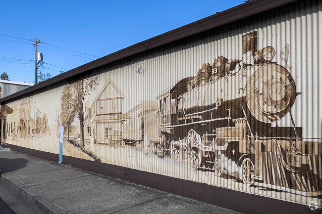 Mural features historical landmarks that give it a distinct character in Downtown Pleasanton CA.
