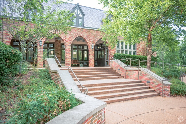 Front entrance and front staircase to Community School in Missouri.