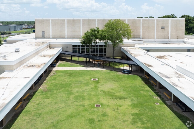 L.W. Higgins High School students can enjoy fresh air in the open courtyards.