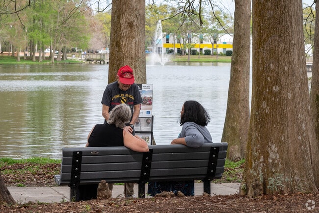 Residents of Deep Forest Village gather to chat at City Center and Veterans Park.