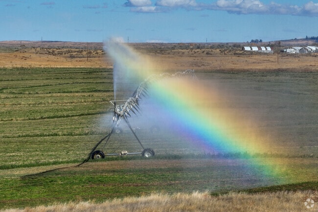 Irrigation rainbows highlight the vast green fields near Basin City.