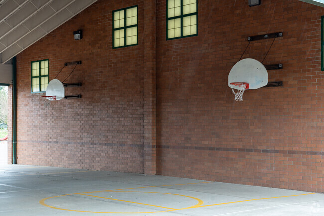 Covered basketball courts behind Fishers Landing Elementary School.