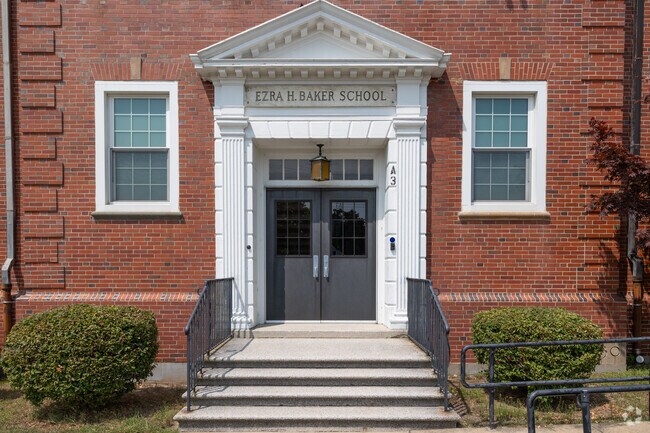 A grand entrance welcomes you to Ezra H. Baker Elementary School in Dennis.
