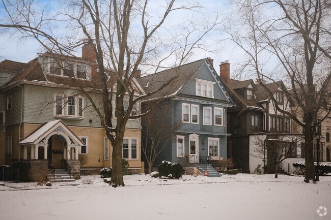 A row of snow-covered houses in Elmwood Bidwell.