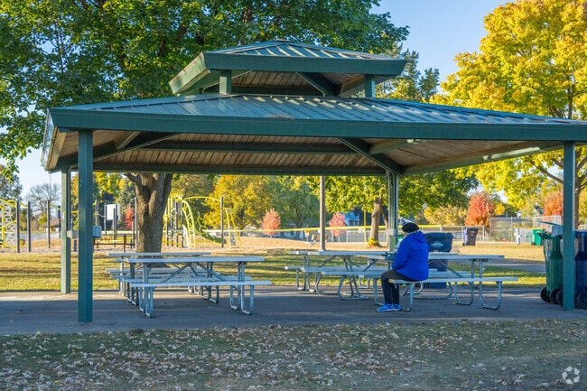 Firehouse Park has a gazebo with picnic tables to take a break from your walk.