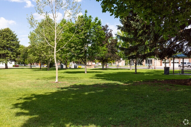 A shady grass field at Mapleton City Park in Mapleton provides a serene and inviting space for recreational activities and gatherings.
