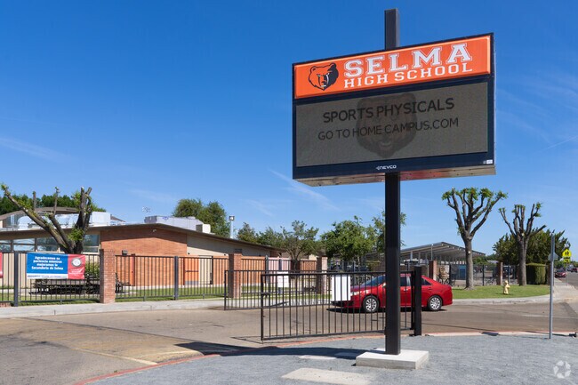 A large marquee outside Selma High School informs parents of unpcoming events.