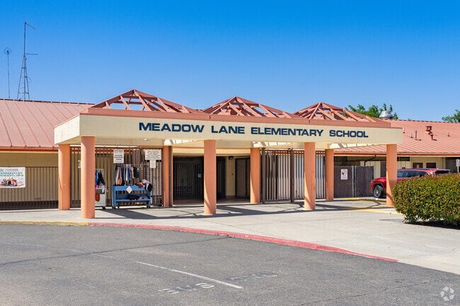 The entrance to Meadow Lane Elementary School features a unique architectural design.