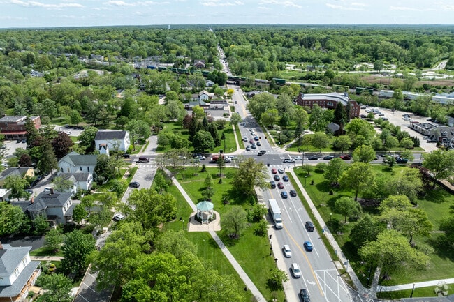 An aerial view of the Green in downtown Hudson.