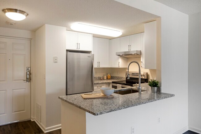 Renovated Package II kitchen with white cabinetry, quartz countertops, stainless steel appliances, and hard surface flooring