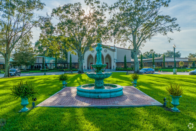 The beautiful fountain on the campus at St Andrew The Apostle School in Old Aurora.