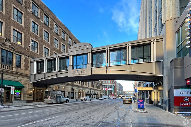 Skyway View with an overhead bridge to walk to different buildings.