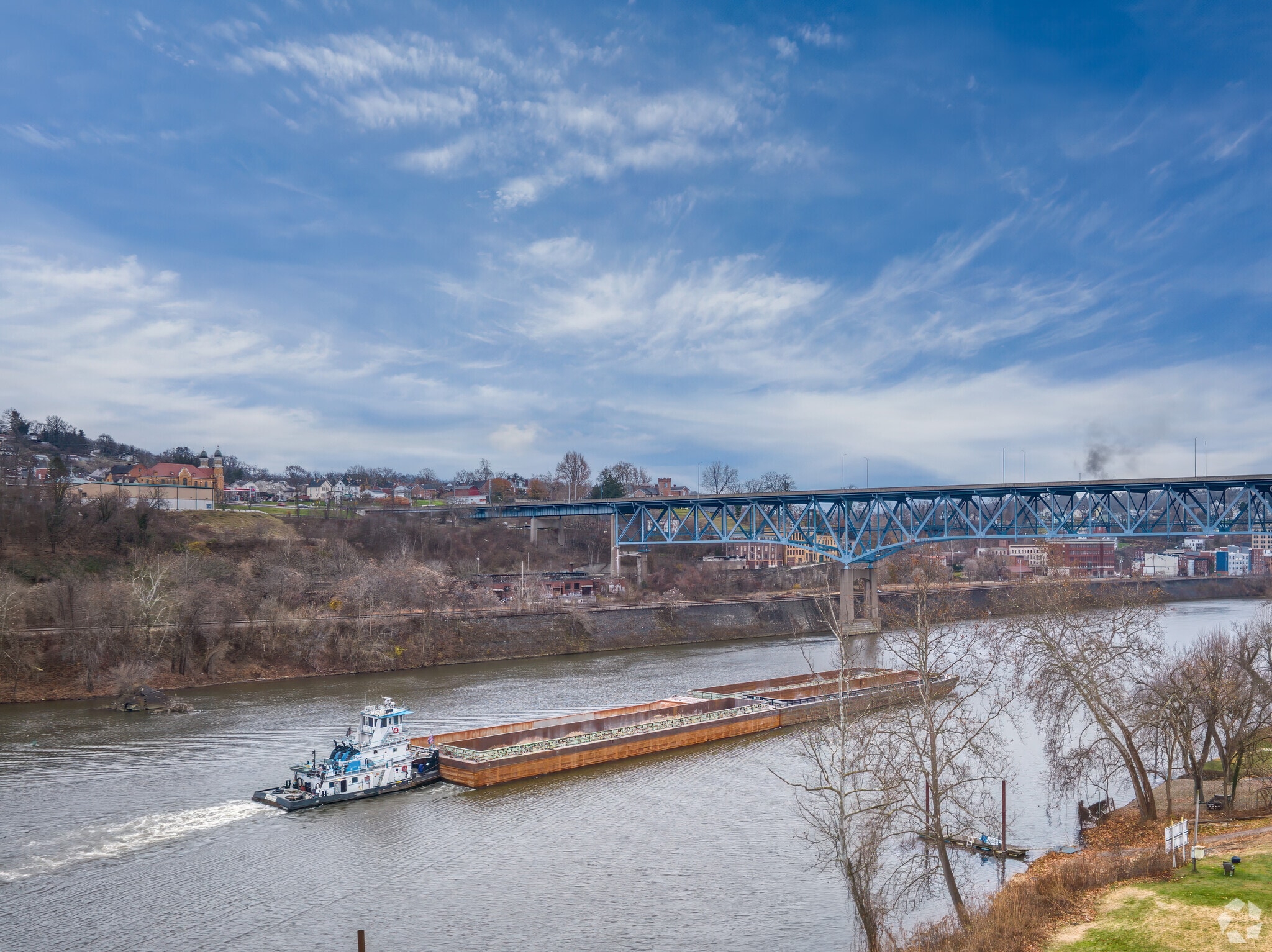 A barge makes its way down the Monongahela River, past West Brownsville.