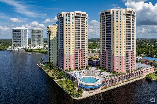 High rise condos with swanky amenities sit along the Caloosahatchee River.