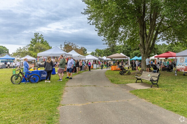 The pathway through the Wakefield Farmers Market at Veterans Field in Wakefield, MA.