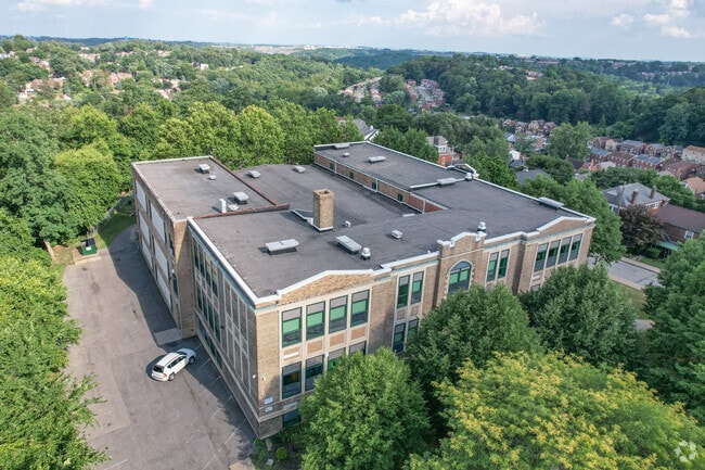 Above Tree Line shows the roof of Elroy Avenue Elementary School and parts of the parking lot.