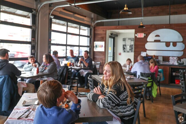 Stop by for the award wining burgers at A&B Burger pub in Downtown Beverly.