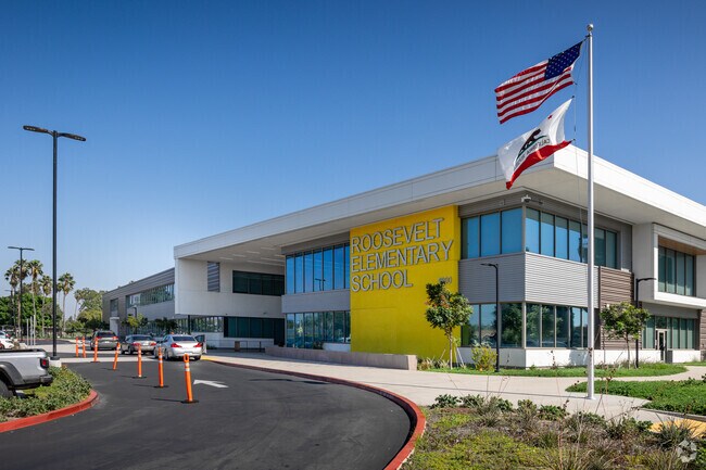 The flag hangs high at Roosevelt (Theodore) Elementary School in Anaheim.