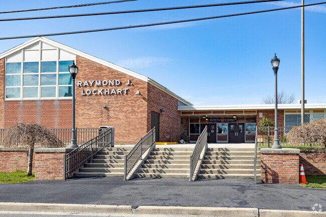 The front entry of Raymond Lockhart Elementary School welcomes students from Massapequa.