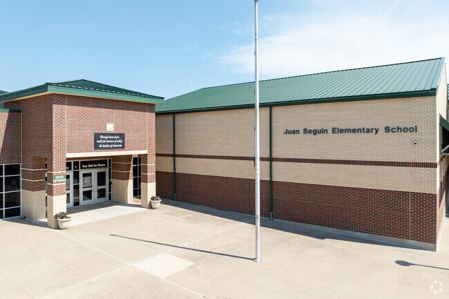 The welcoming entrance at Juan N. Seguin Elementary is where young minds begin their education.