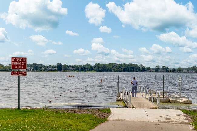 The kayak launch dock at Vandercook Lake Park is a popular spot for walkers to enjoy the view.