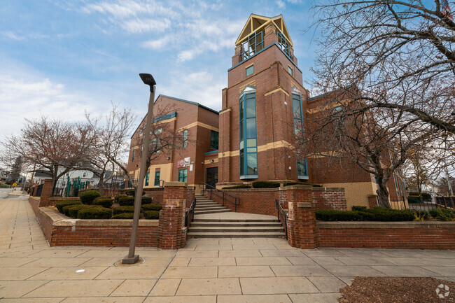 A grand brick entrance welcomes students to  Joseph McAvinnue Elementary School.