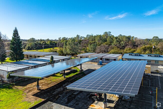Northside Elementary School uses solar power to shade parking spaces.
