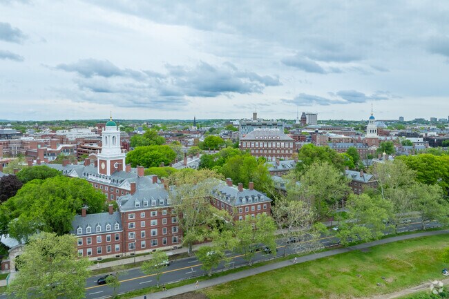 Harvard buildings maintain a strong presence in the Riverside neighborhood.